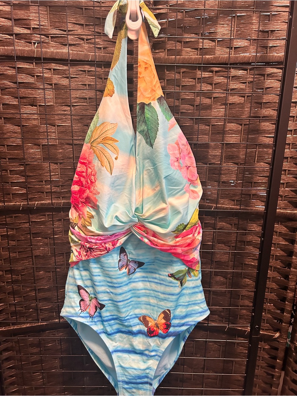 Johnny Was  Floral & Butterfly Halter One-Piece - Blue, Pink, Yellow size S